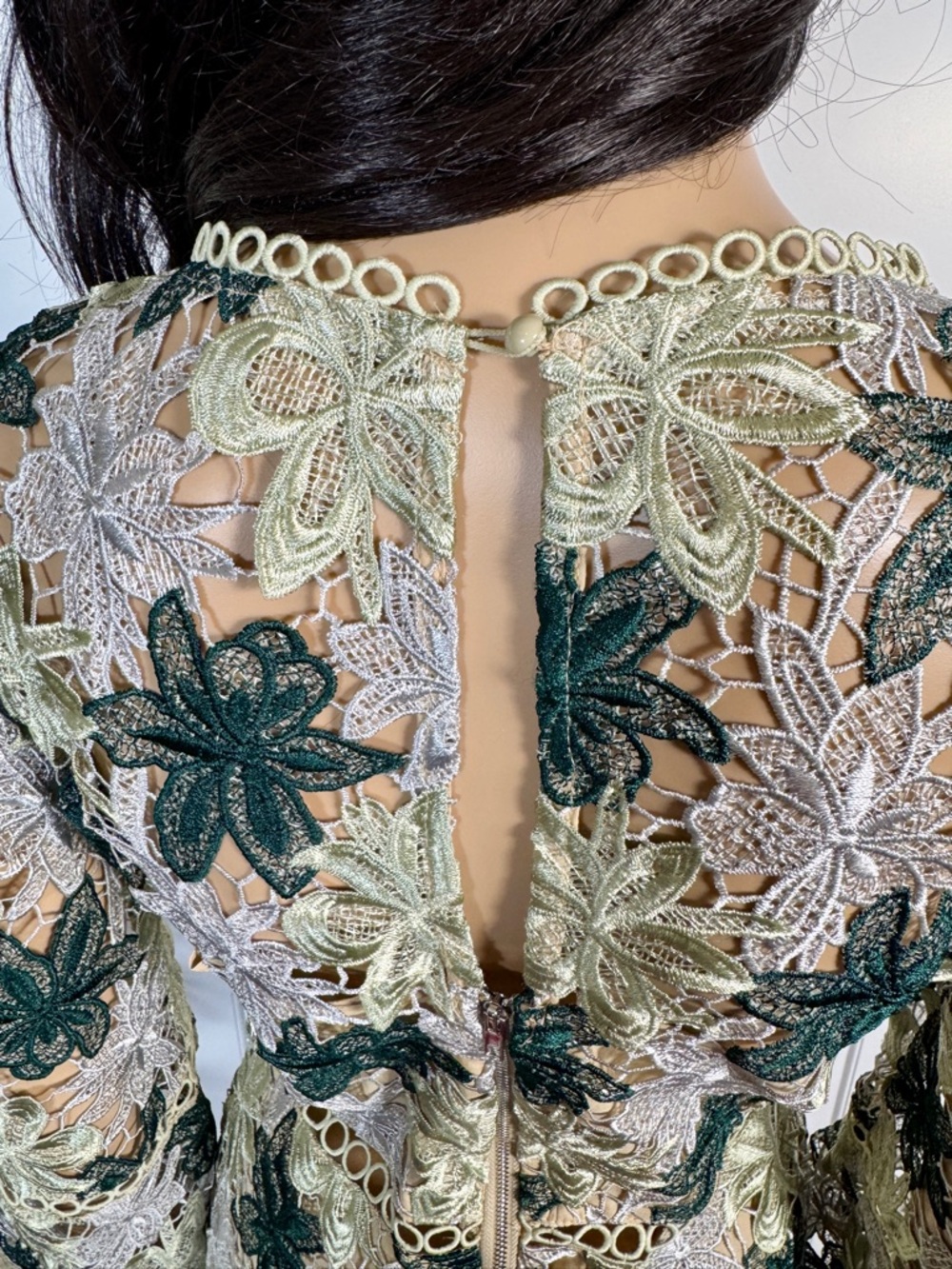 GREEN AND CREAM LONG SLEEVE FLORAL MINI DRESS WITH CROCHET AND LACE DETAILS - Picture 11 of 13